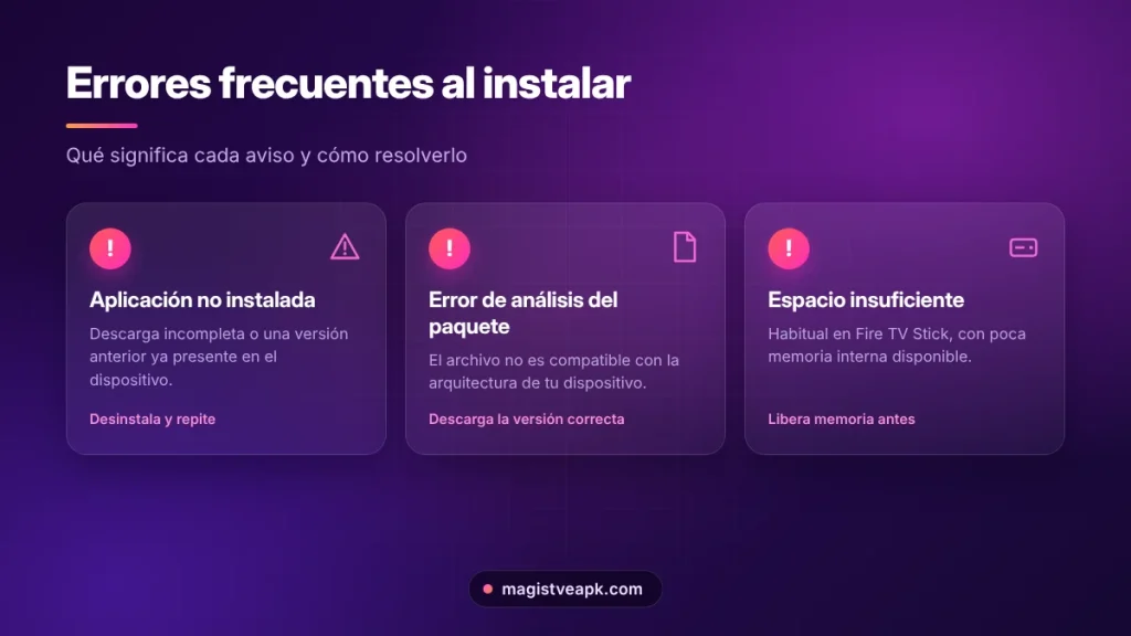 Errores frecuentes al instalar Magis TV: aplicación no instalada, error de análisis y espacio insuficiente