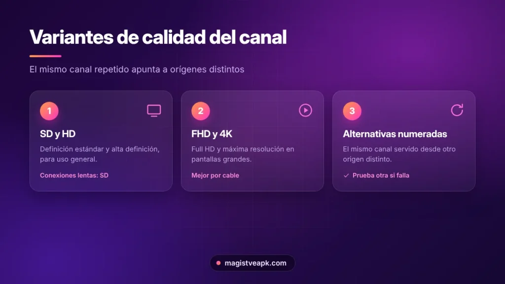 Variantes de calidad de un mismo canal en Magis TV: SD, HD, FHD y 4K